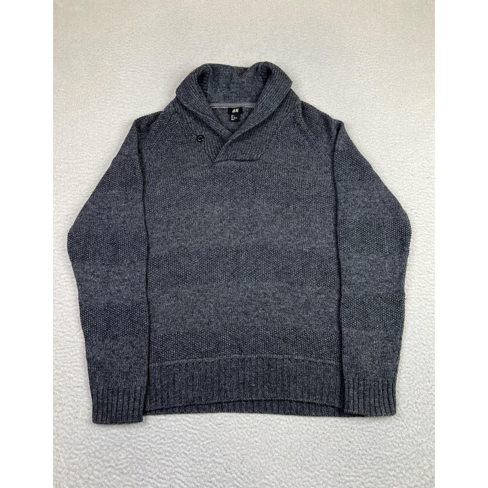 H&M Sweater Mens Large Gray Shawl Collar Wool Blend Knit Pullover Casual Ribbed